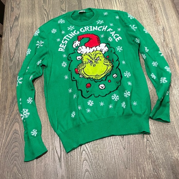 Dr. Seuss Sweaters - Dr. Seuss Grinch Resting Grinch Face Ugly Christmas Sweater Green Size XL